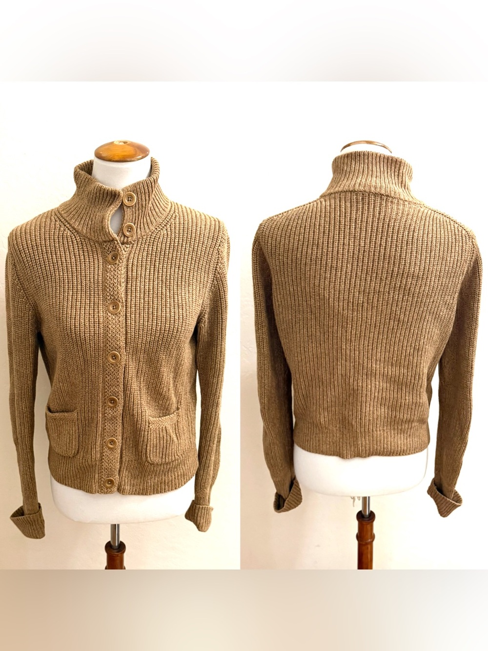 Ralph Lauren Camel Ribbed Button-Front Turtleneck Cardigan